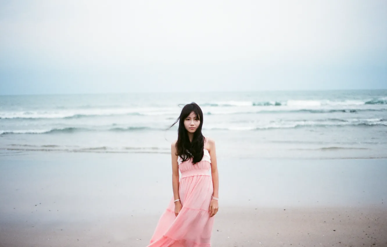 Photo wallpaper waves, girl, beach, dress, sea