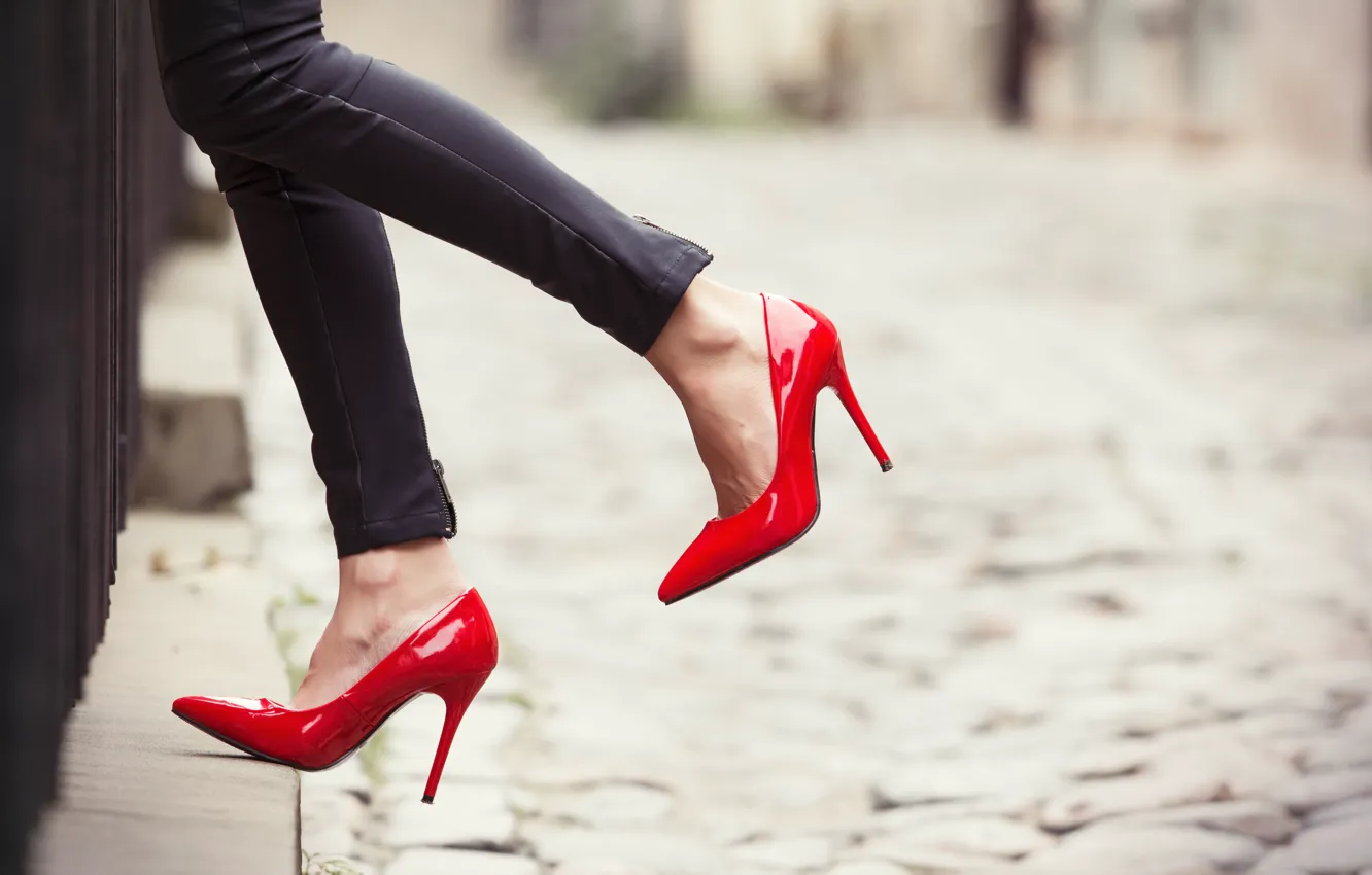 Photo wallpaper red, woman, jeans, heels