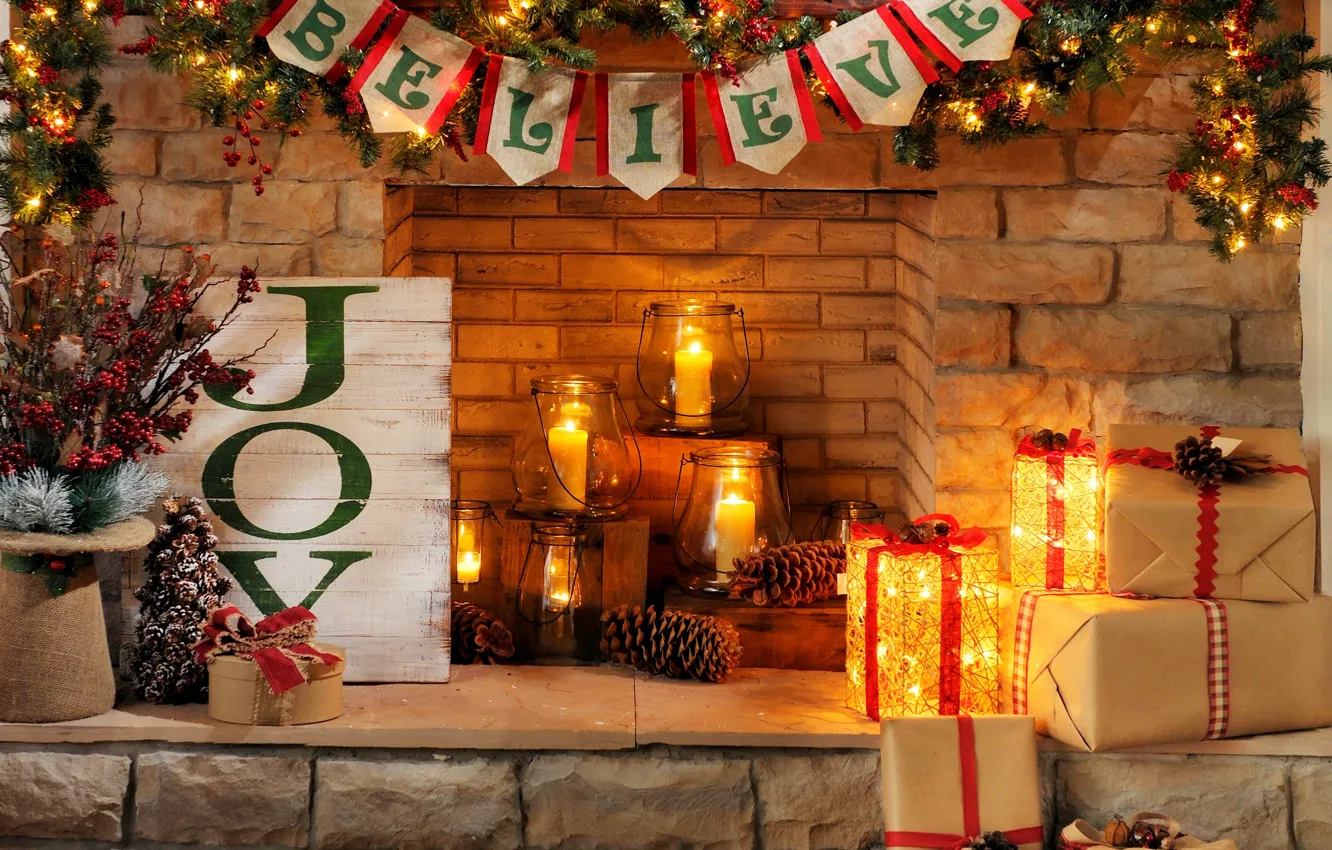 Photo wallpaper holiday, candles, Christmas, fireplace, happy new year, merry christmas, gift, holiday