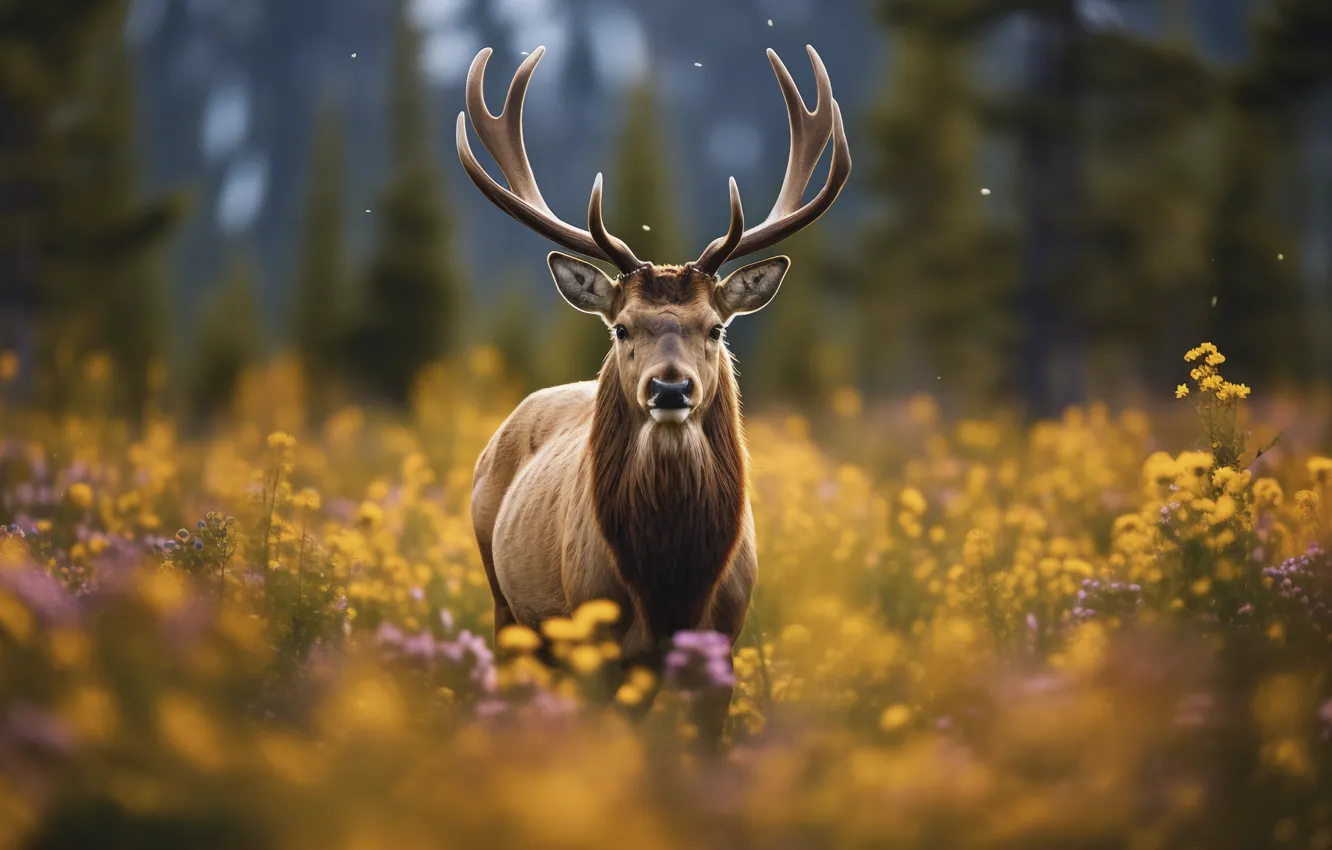 Photo wallpaper AI art, forest, nature, deer, glade, neural network
