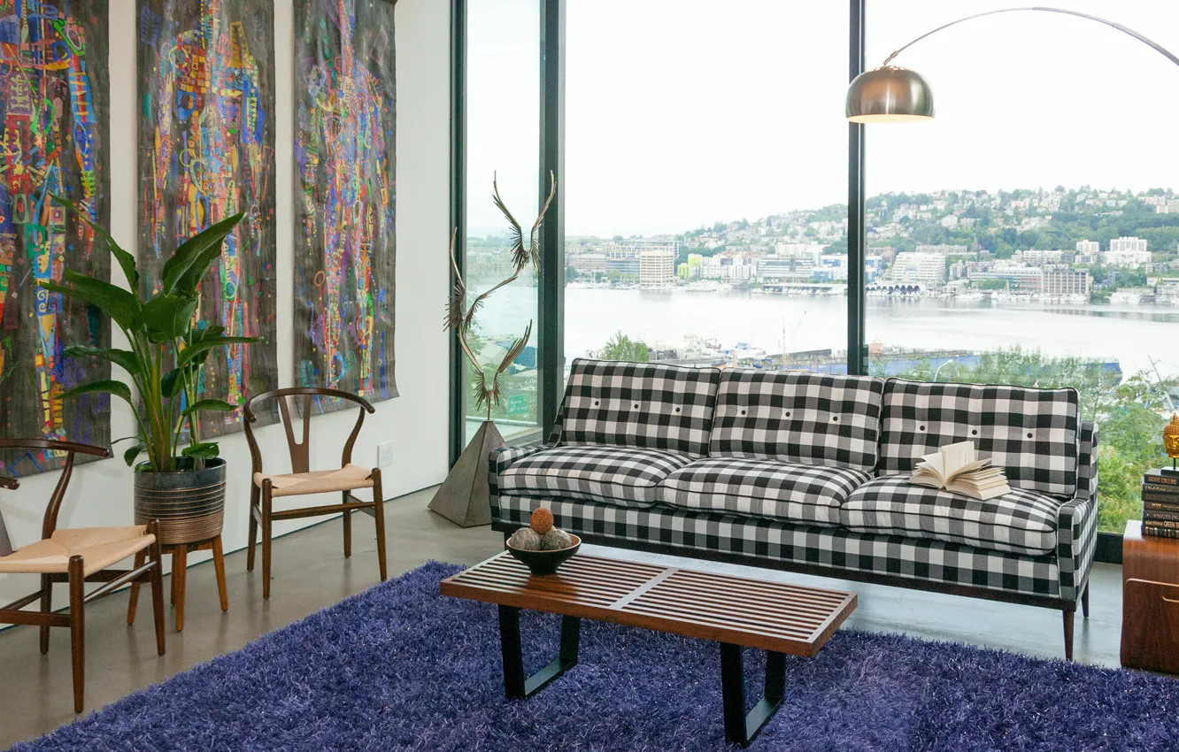 Photo wallpaper room, interior, sofa, living room, view of the embankment