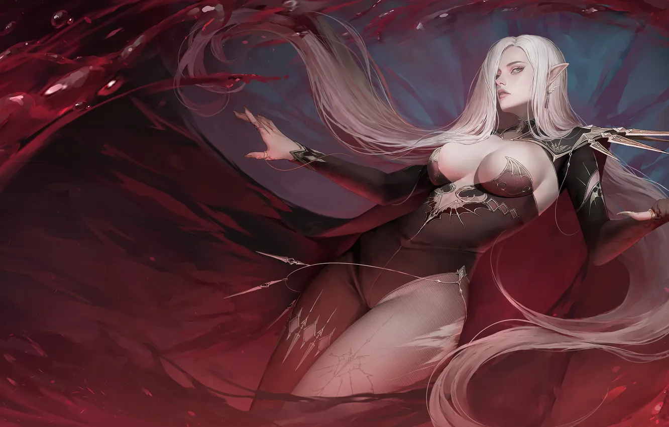 Photo wallpaper girl, fantasy, cleavage, dress, blonde, elf, digital art, artwork