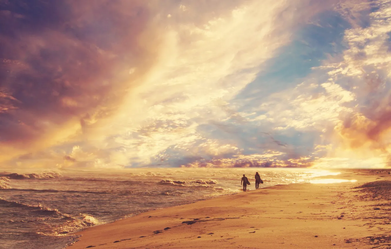 Photo wallpaper sand, sea, wave, beach, the sky, people, shore, horizon