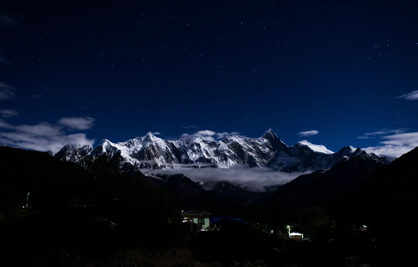 Photo wallpaper China, sky, mountains, snow, stars, hills, houses, Asia