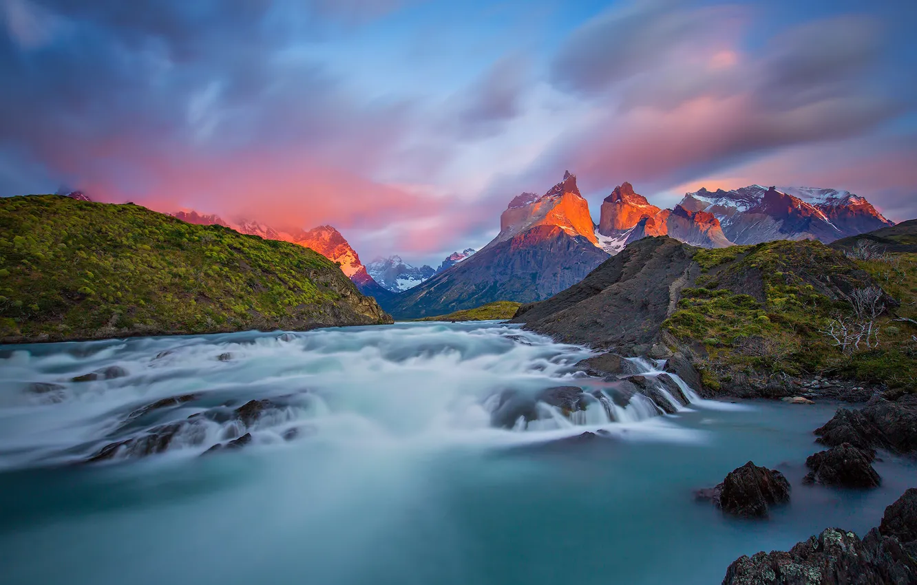 Photo wallpaper mountains, river, Chile, Patagonia, national Park Torres del Paine