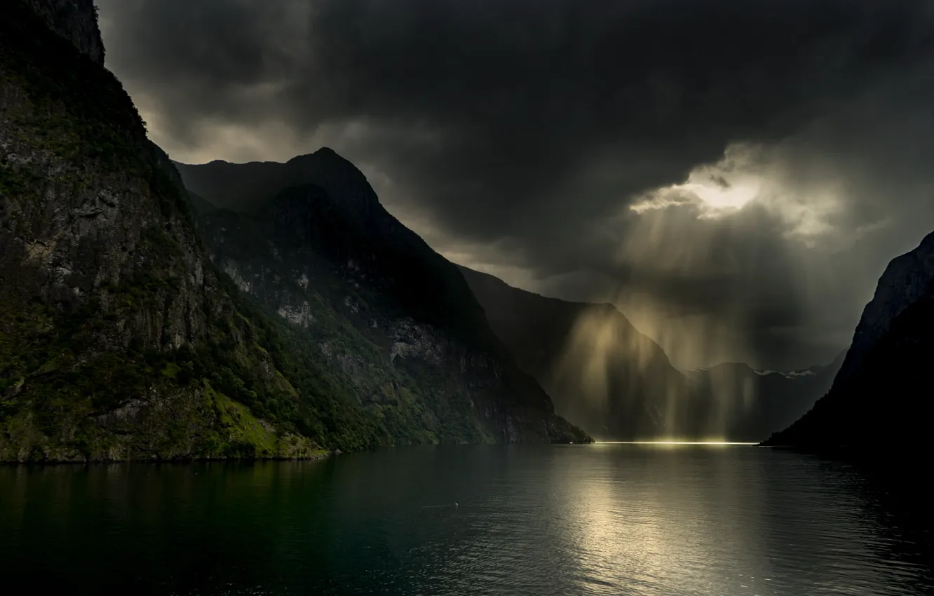 Photo wallpaper mountains, clouds, storm, nature, the shower, the fjord