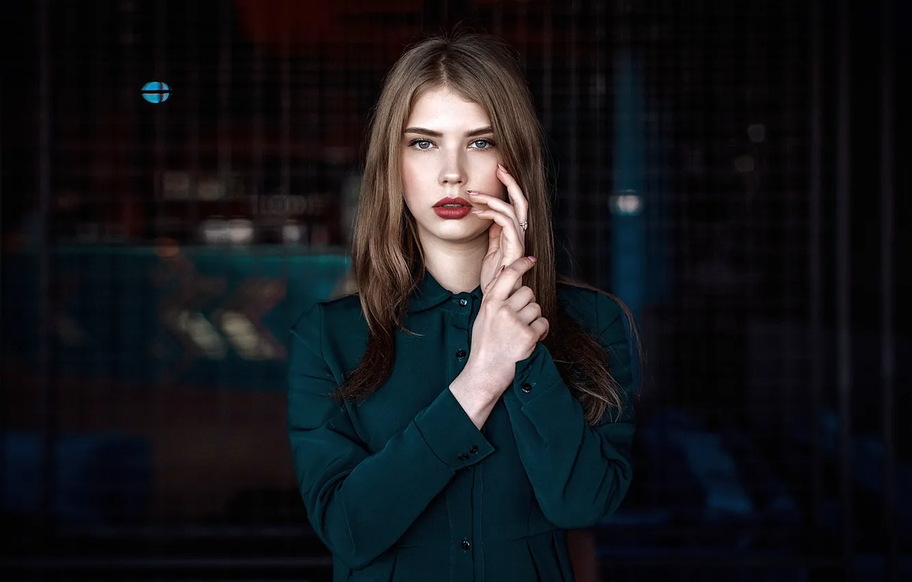 Photo wallpaper look, pose, background, model, portrait, makeup, dress, hairstyle