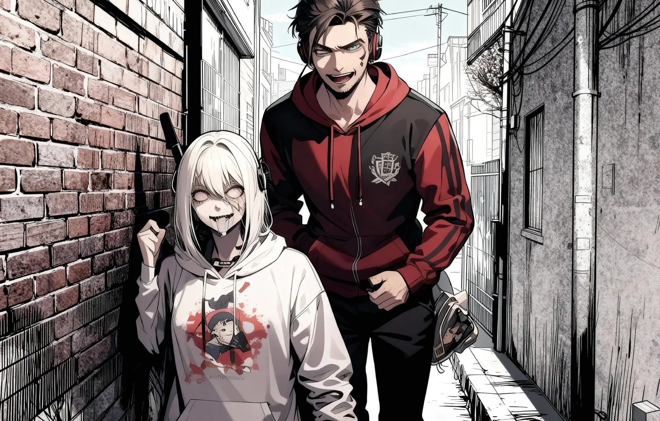 Photo wallpaper girl, street, anime, zombies, guy, hoodies