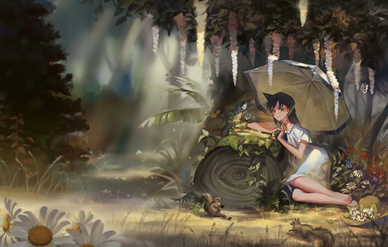 Photo wallpaper forest, flowers, umbrella, anime, art, girl