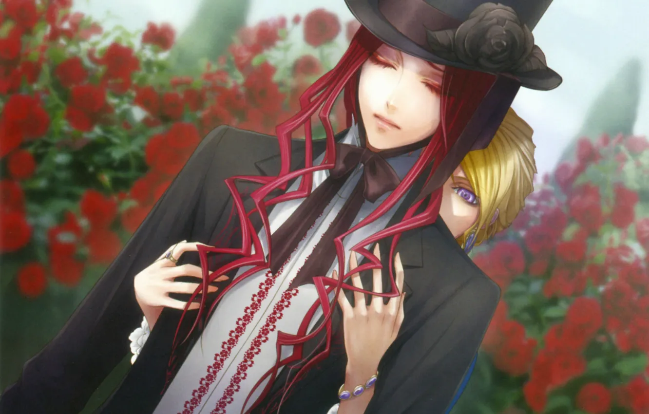 Photo wallpaper hands, hugs, the bushes, cylinder, closed eyes, red roses, visual novel, will o`wisp