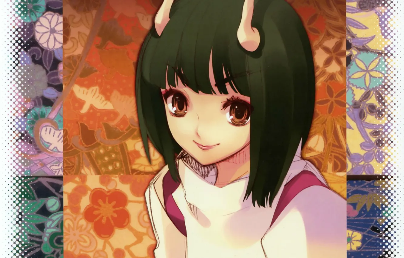 Photo wallpaper smile, girl, horn, art, youkai, noizi ito