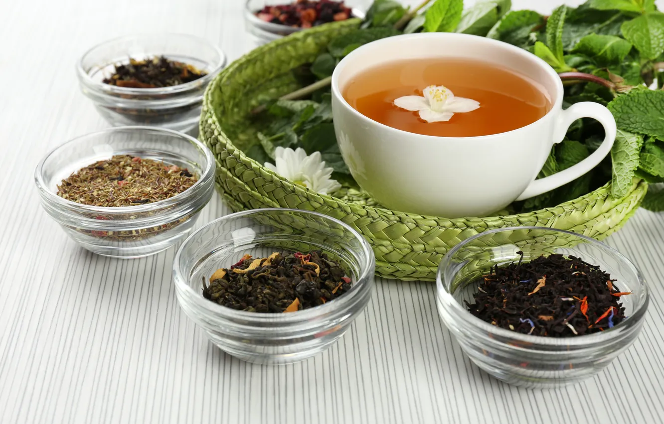 Photo wallpaper leaves, tea, jars, Cup, welding, Jasmine