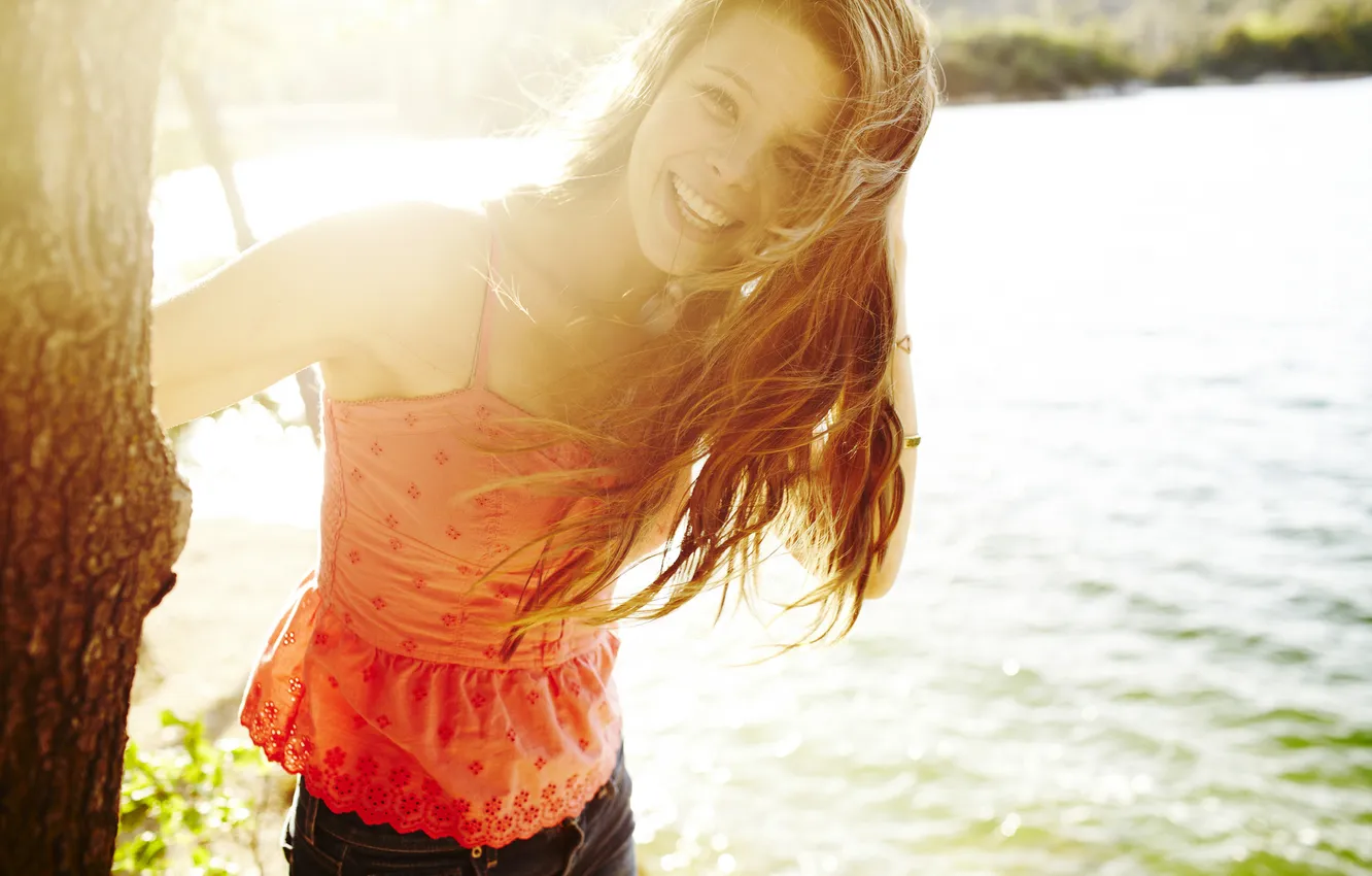 Photo wallpaper look, girl, trees, joy, smile, TAELOR