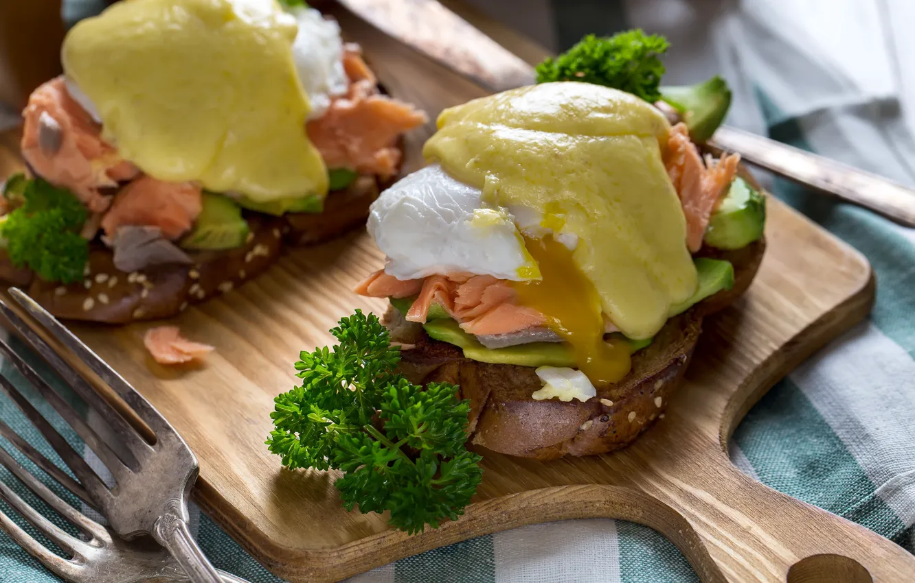 Photo wallpaper greens, cheese, sandwiches, salmon