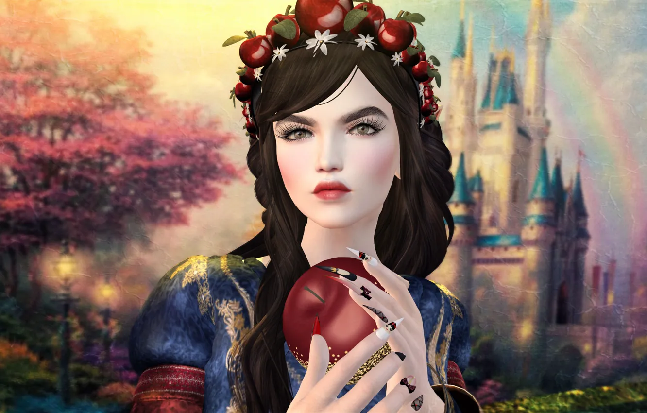 Photo wallpaper girl, face, background, castle, apples, Princess