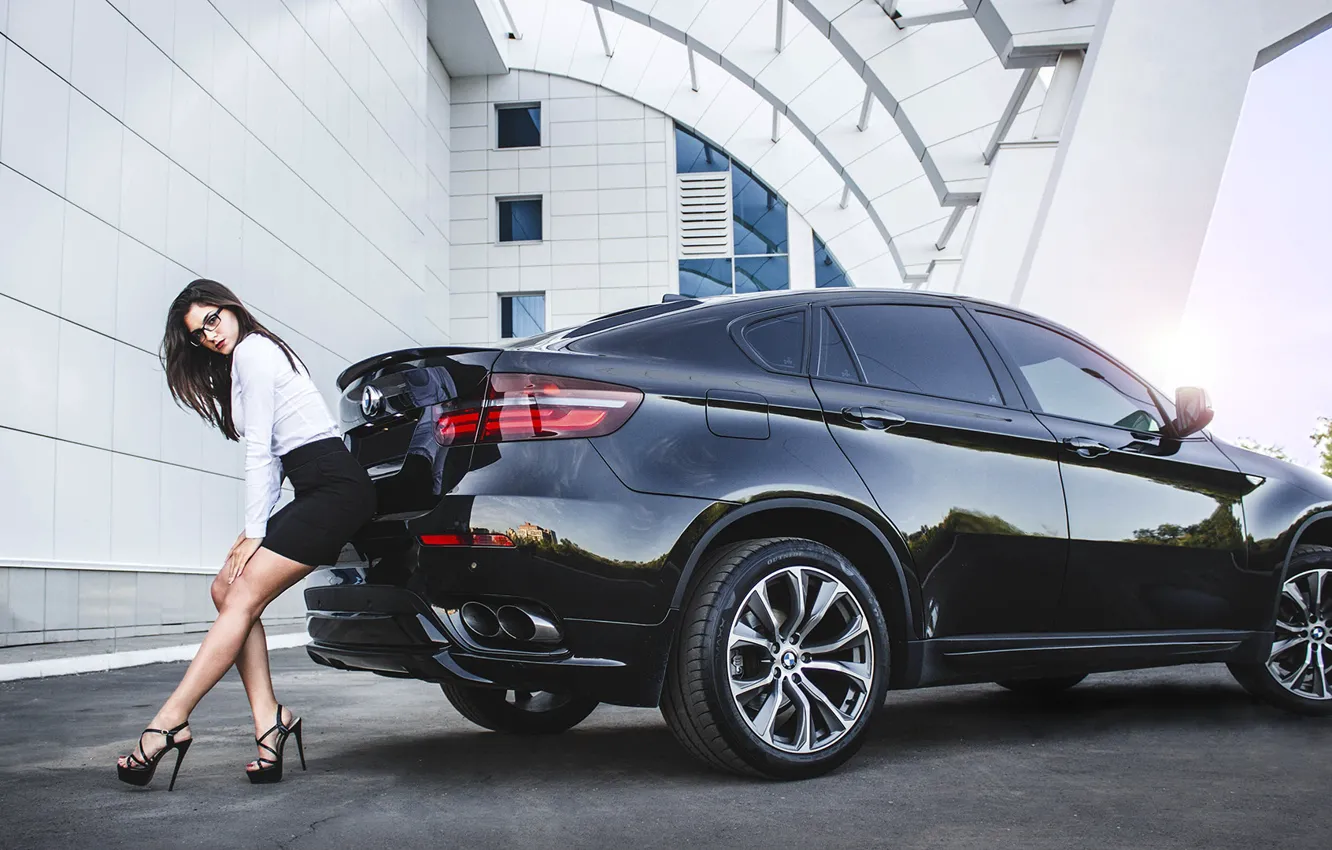 Photo wallpaper look, girl, BMW, beautiful girl, Natalia, black car, posing on the car