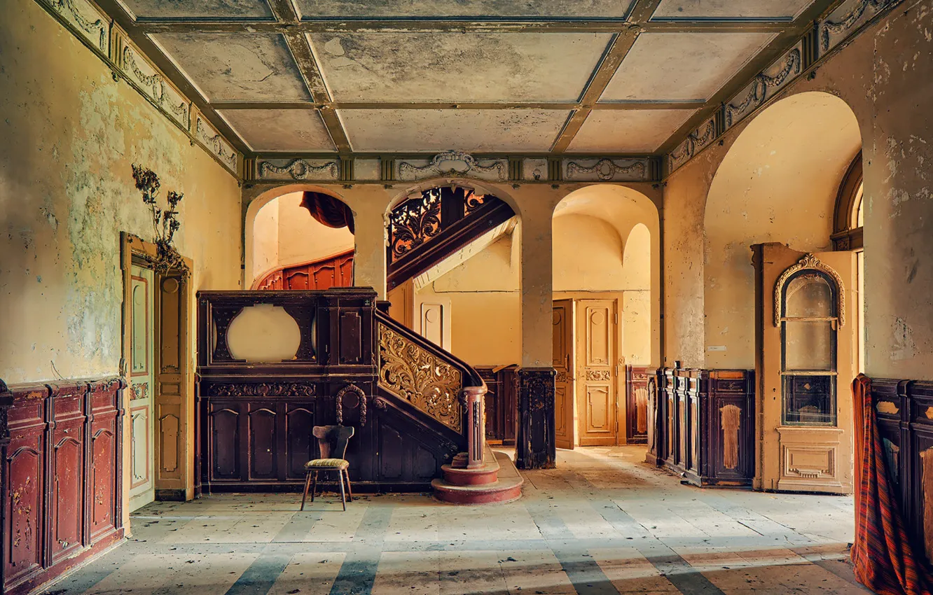 Photo wallpaper wood, staircase, palace, sunlight, abandoned, hall, doors, decay
