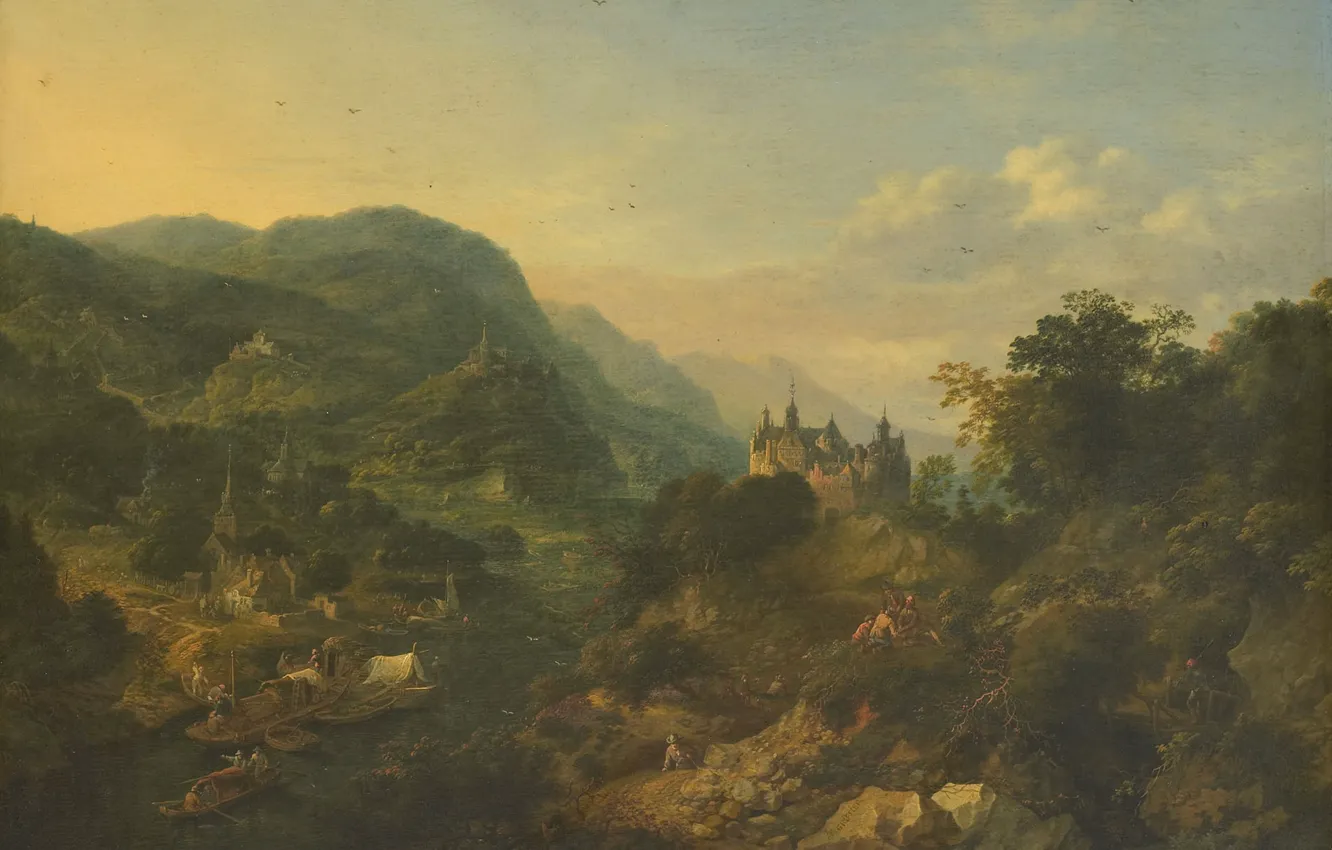 Photo wallpaper landscape, oil, picture, View Of The River, 1700, Ian Griffee, Jan Griffier