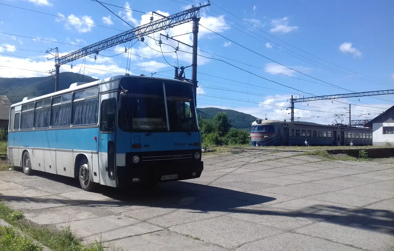Photo wallpaper blue, train, ukraine, traffic, bus, transport, rail, old transportations