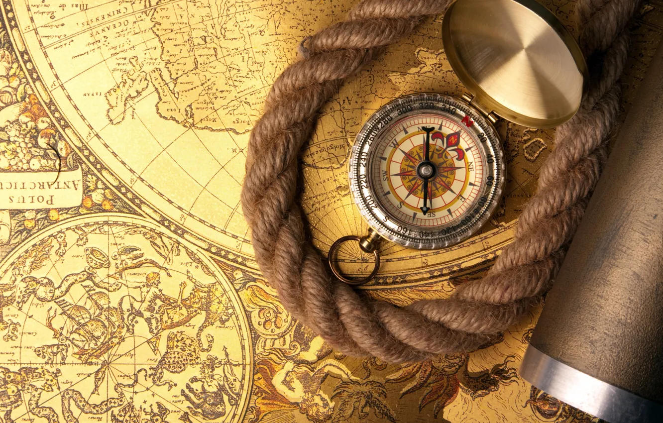 Photo wallpaper map, rope, compass