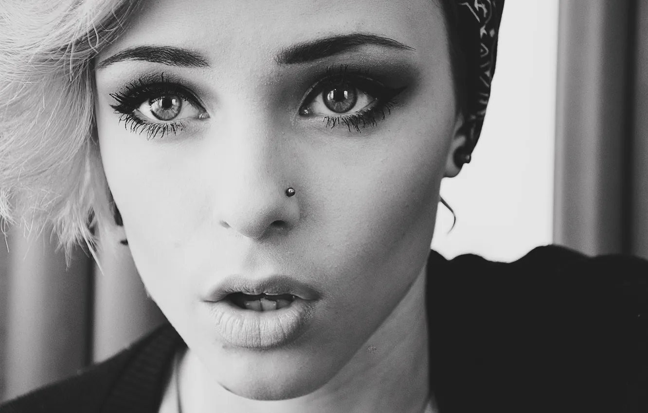 Photo wallpaper girl, face, black and white, piercing, closeup, Lana Branishti, Lana Branishti