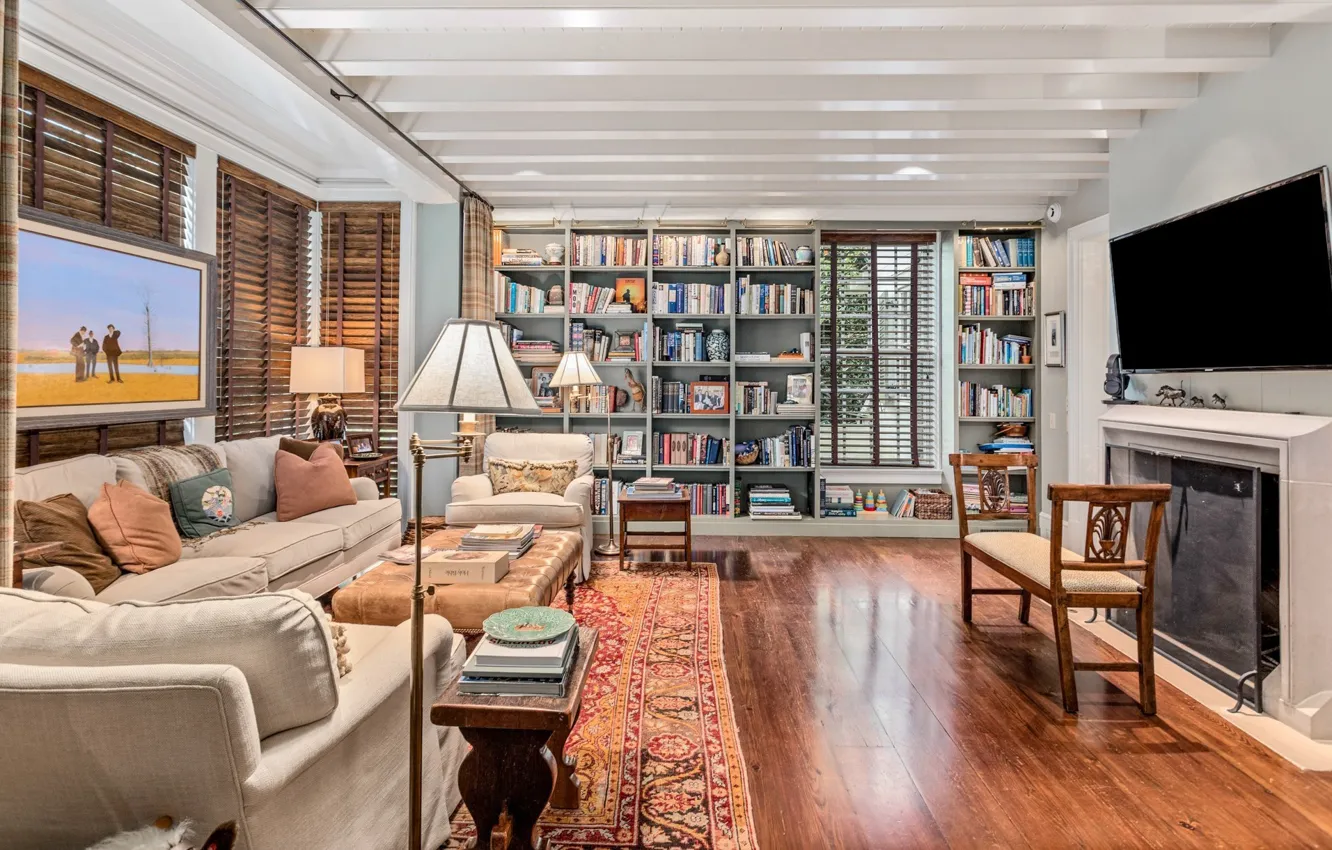 Photo wallpaper design, style, interior, fireplace, library, living room, Tennessee, Nashville