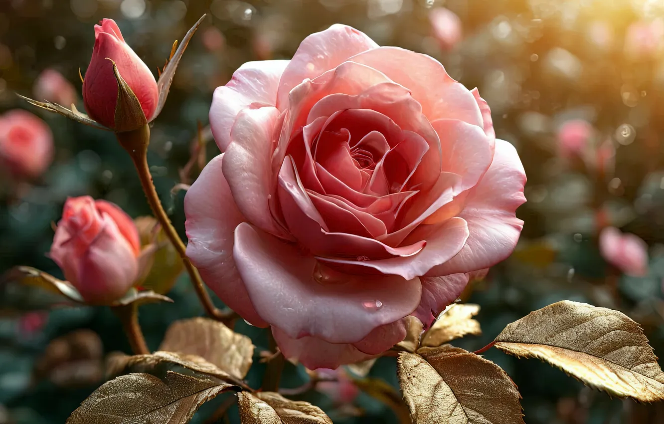 Photo wallpaper water drops, blurred background, Pink rose, rosebuds, Neuroart