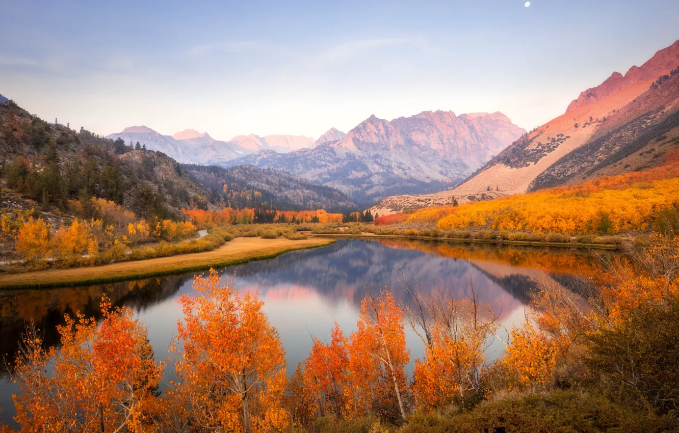 Photo wallpaper autumn, forest, the sky, trees, mountains, fog, lake, reflection