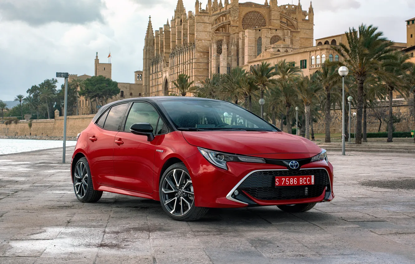 Photo wallpaper palm trees, castle, Spain, promenade, clouds., Toyota-Corolla-Hatchback-Hybrid-20L-2019-5120x2880