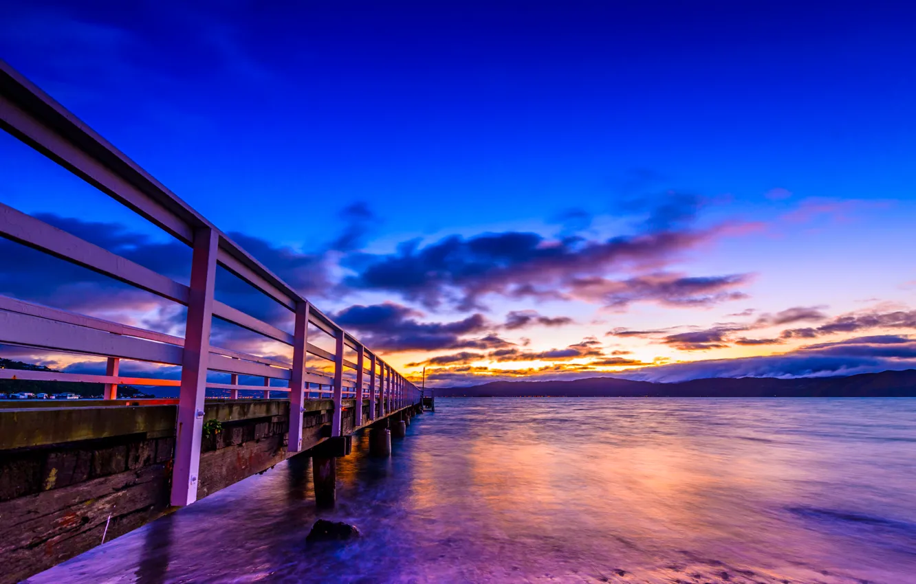 Photo wallpaper sunset, lights, shore, the evening, pier, Bay