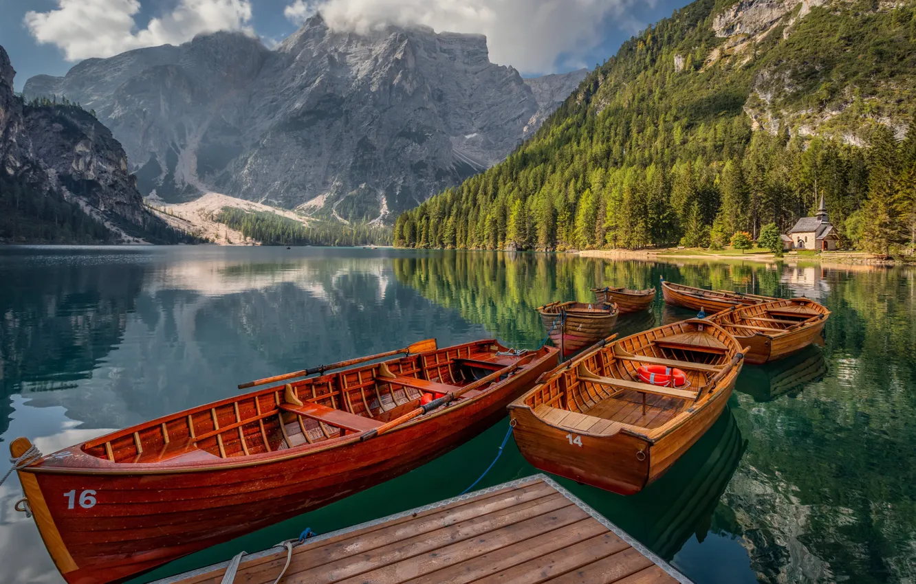 Photo wallpaper mountains, lake, boats, Italy, Italy, The Dolomites, South Tyrol, South Tyrol