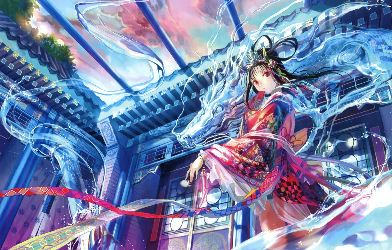 Photo wallpaper magic, dragon, door, water, girl, temple, art, fuzichoco (fujiwara)