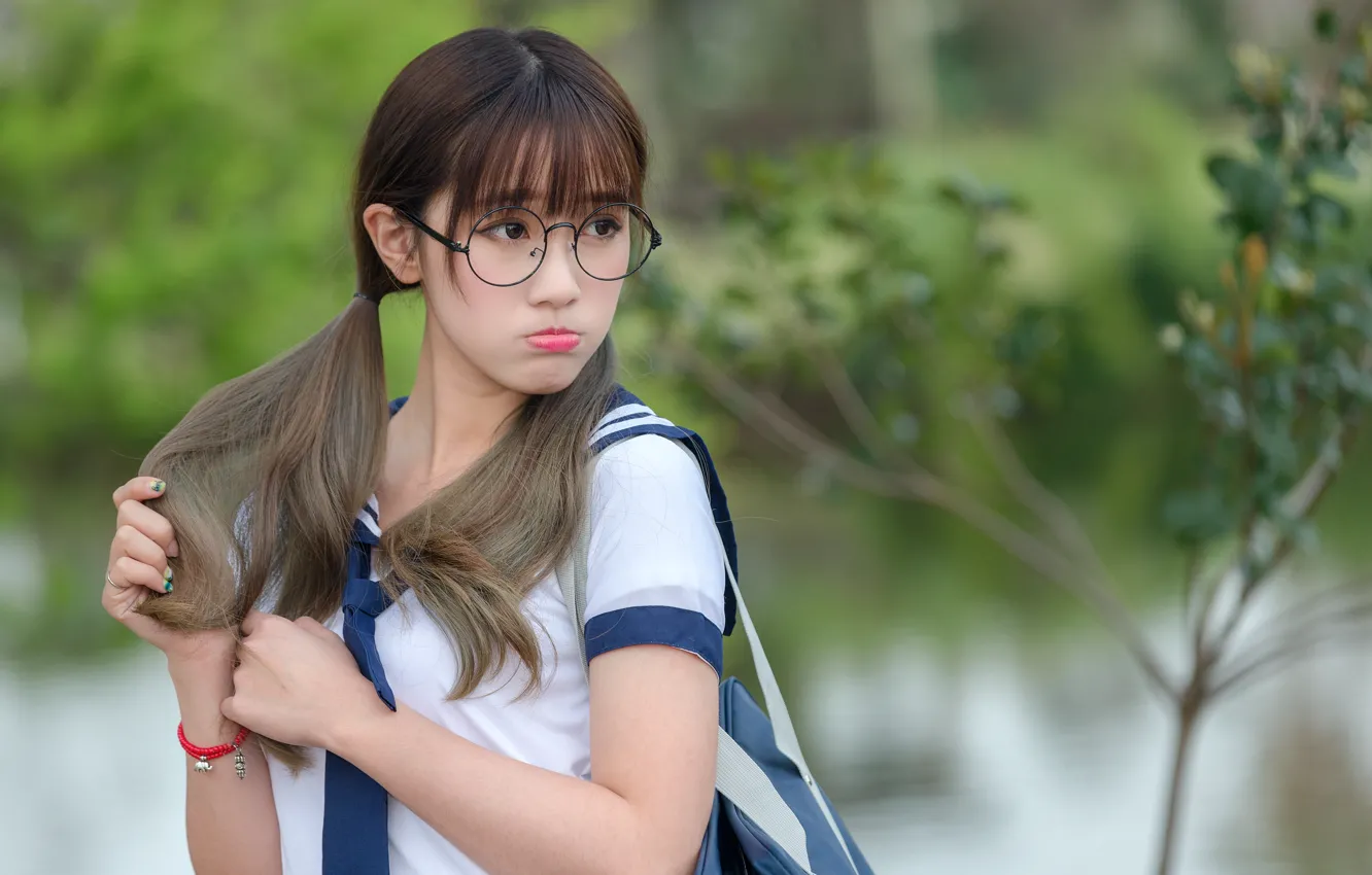 Photo wallpaper face, glasses, lips, braid, Asian, facial expressions