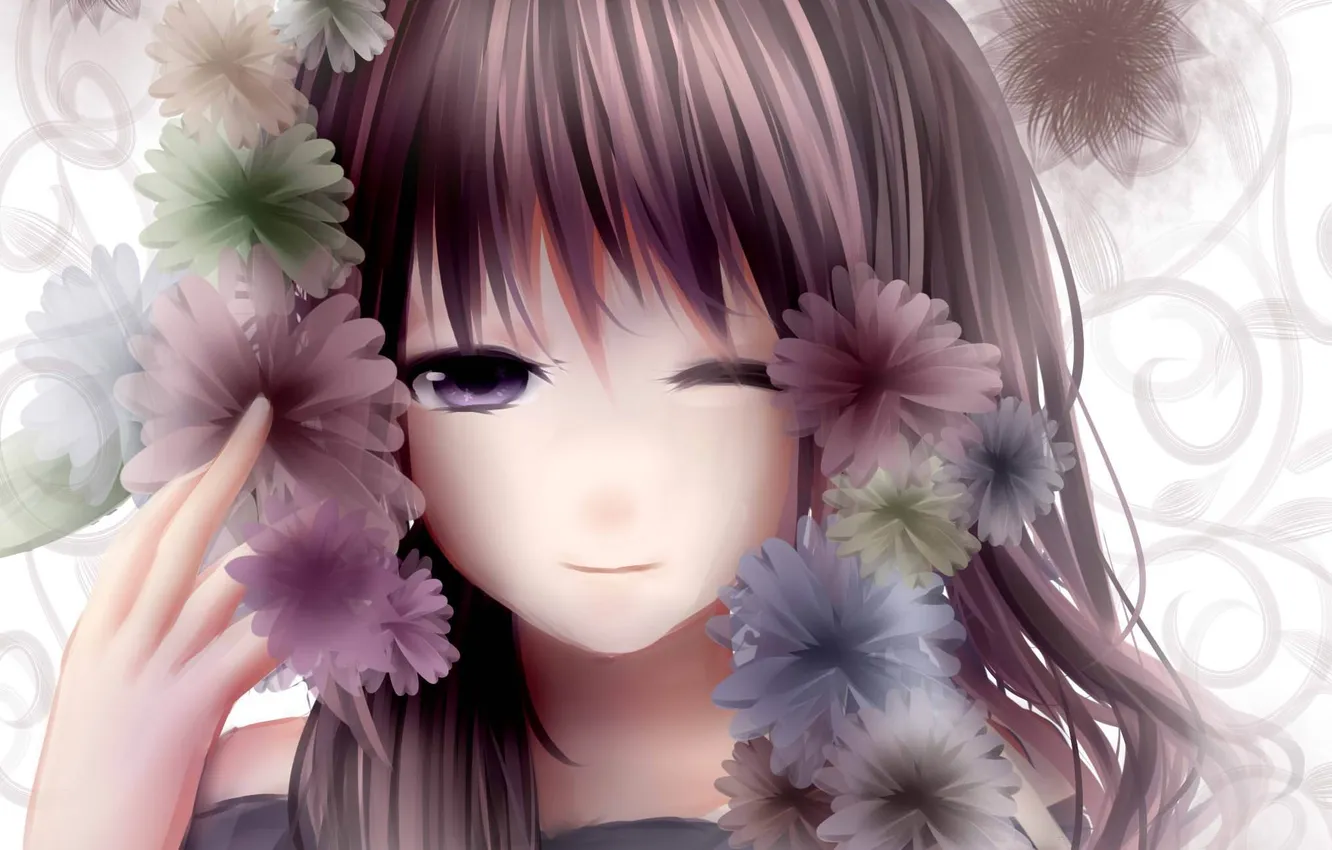 Photo wallpaper girl, flowers, smile, pattern, anime, art, wink, ryaku-ko