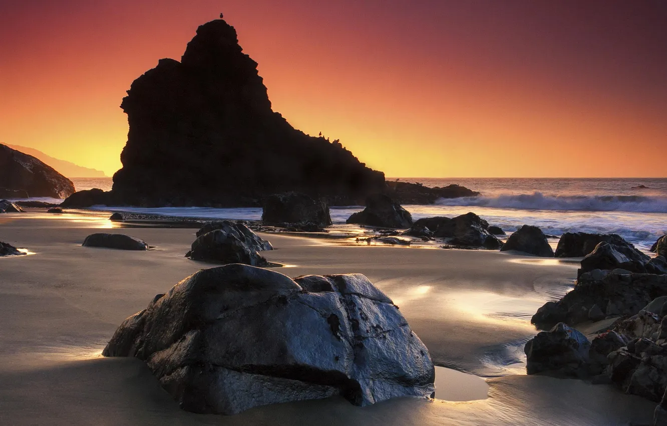 Photo wallpaper sand, landscape, stones, the ocean, rocks, shore, California, San Francisco