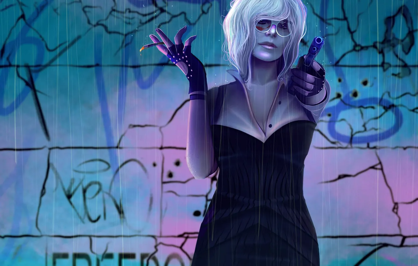 Photo wallpaper girl, rain, art, glasses, Explosive blonde