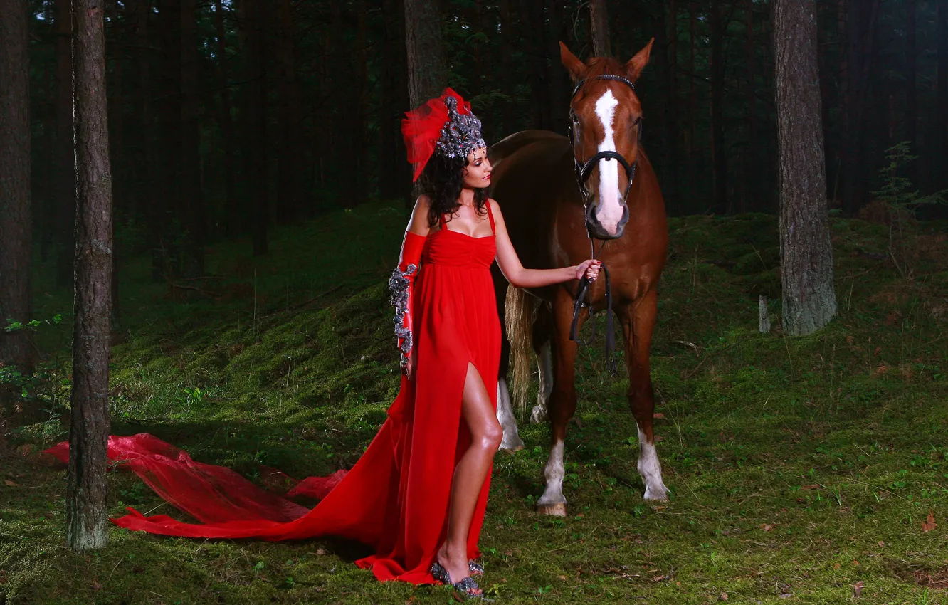 Photo wallpaper look, horse, nature, red dress, girl, in red, horse, feet