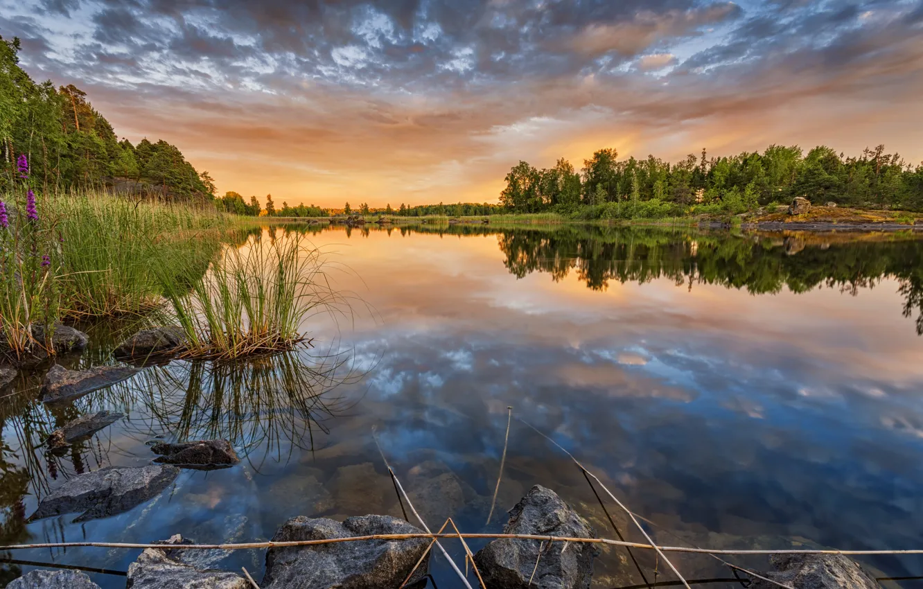Photo wallpaper sunset, river, stones, photo, dawn, Finland