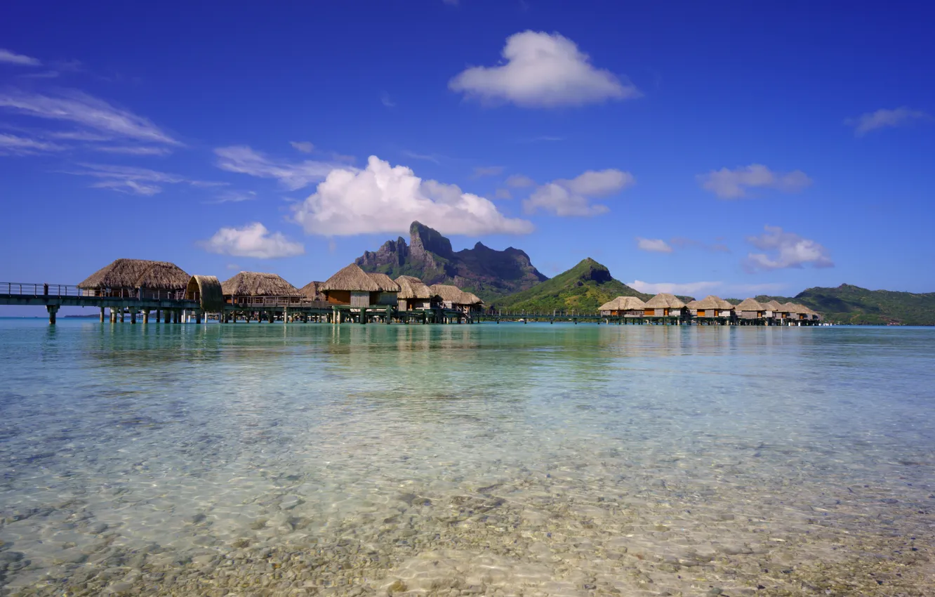 Photo wallpaper sea, the sky, clouds, mountains, tropics, island, Bungalow, Bora Bora