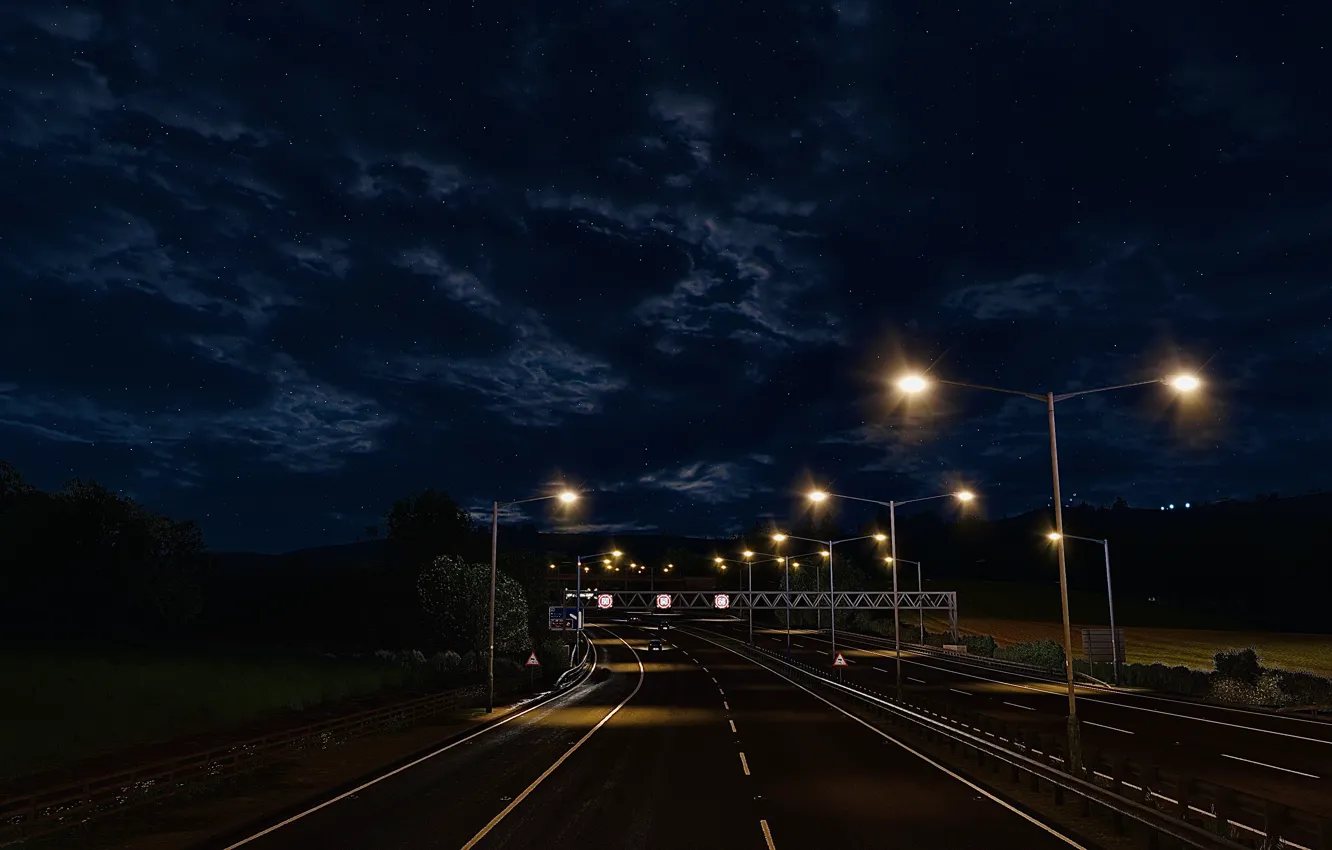 Photo wallpaper HDR, Clouds, Night, Street, Game, Moonlight, Trees, Highway