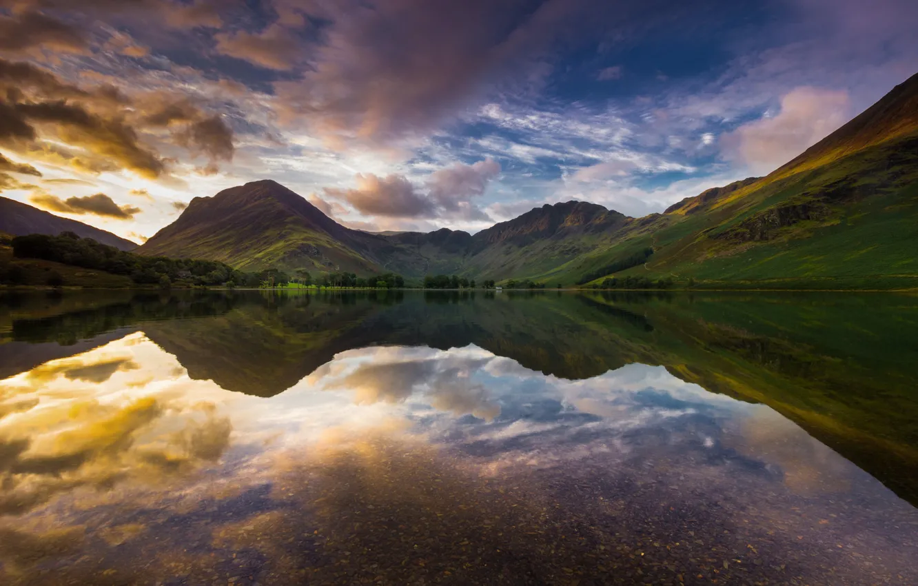 Photo wallpaper the sky, clouds, mountains, lake, reflection, blue, slope, pond