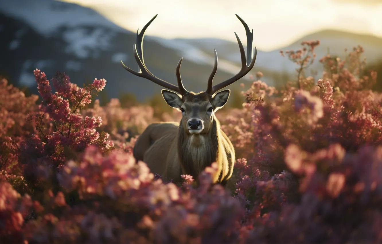 Photo wallpaper forest, flowers, nature, deer, AI art, neural network