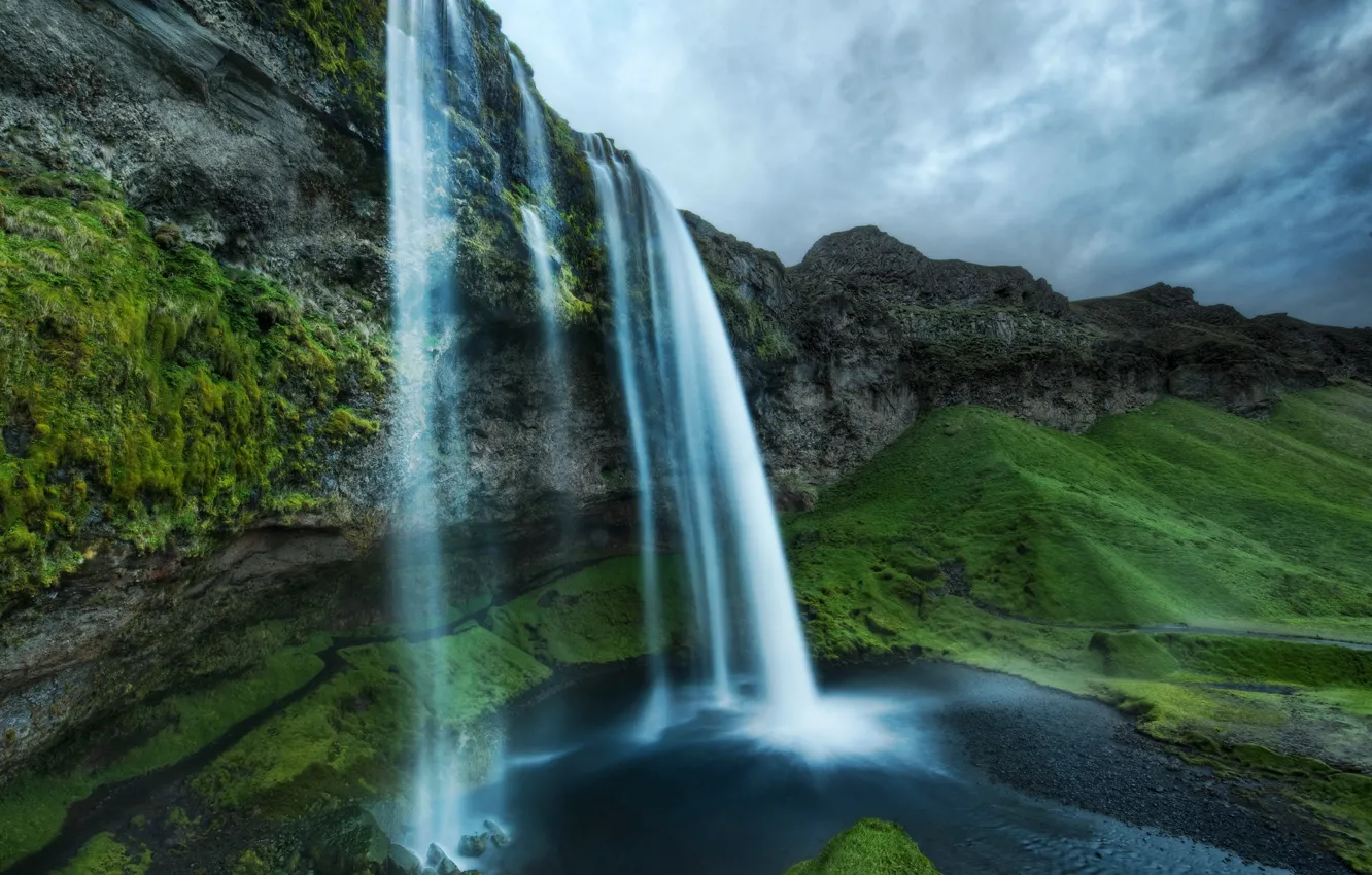 Photo wallpaper clouds, stones, rocks, waterfall, moss, Iceland