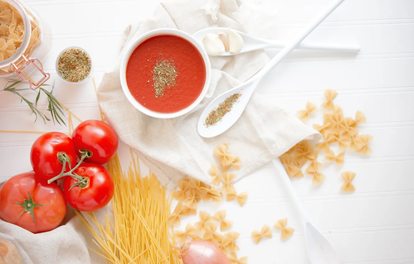 Photo wallpaper food, soup, fabric, vegetables, tomatoes, tomatoes, garlic, seasoning