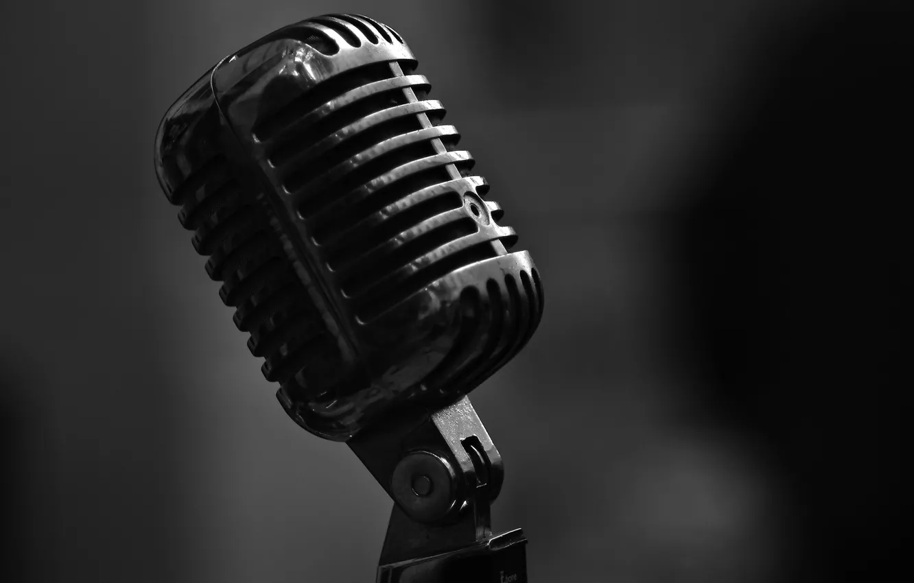 Photo wallpaper macro, style, music, black and white, microphone, bokeh