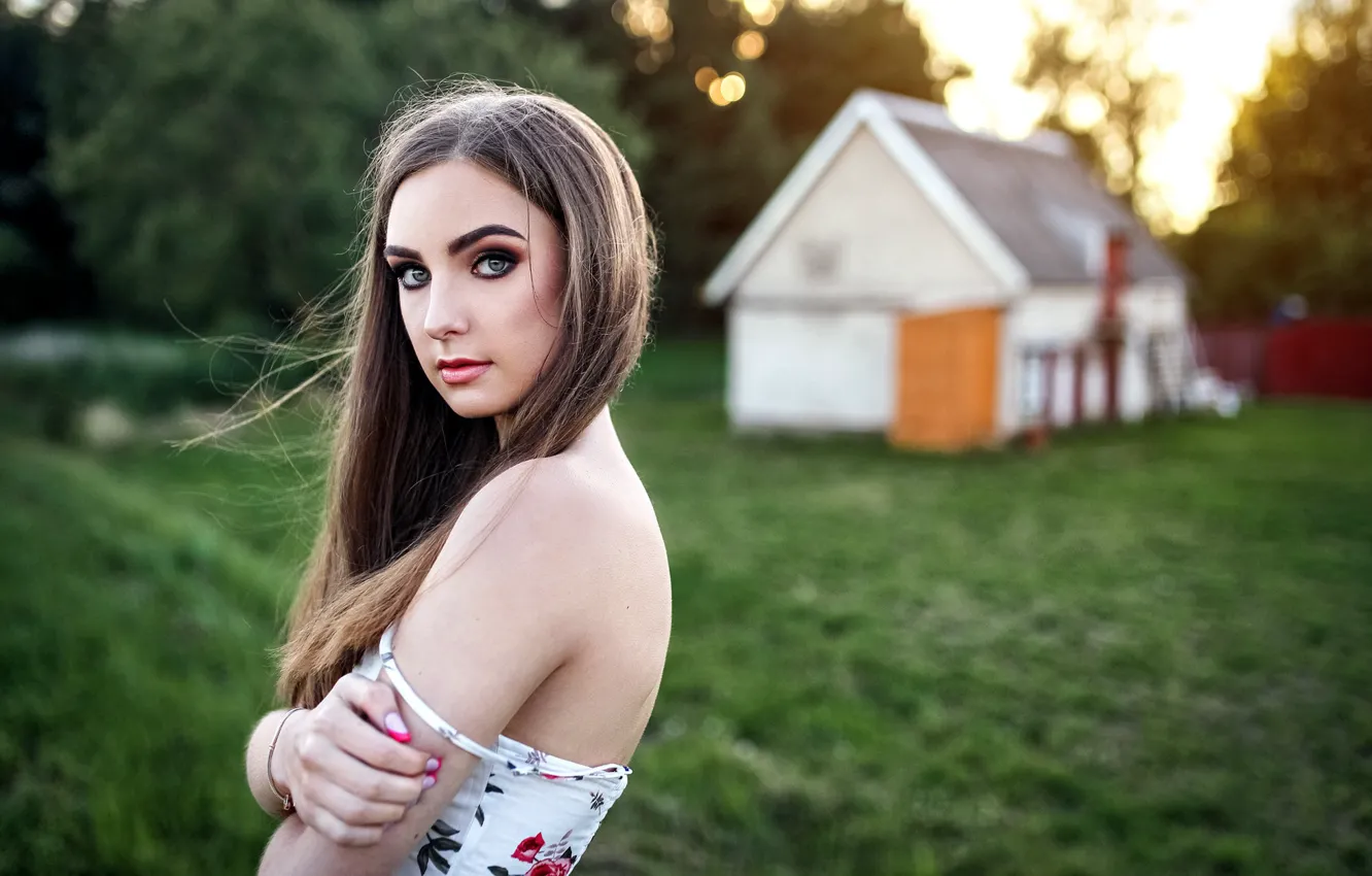 Photo wallpaper greens, grass, look, trees, landscape, pose, model, portrait