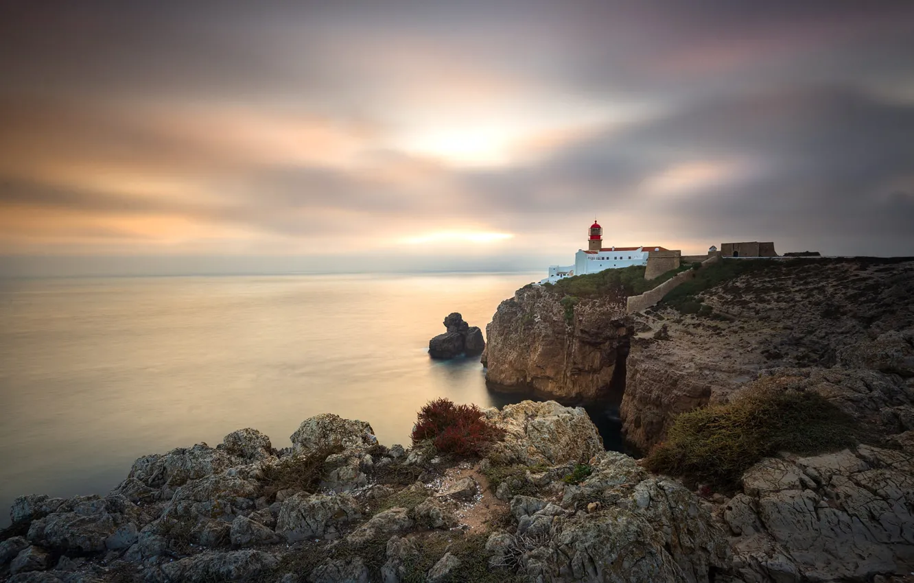 Photo wallpaper sea, the sky, clouds, stones, rocks, shore, lighthouse