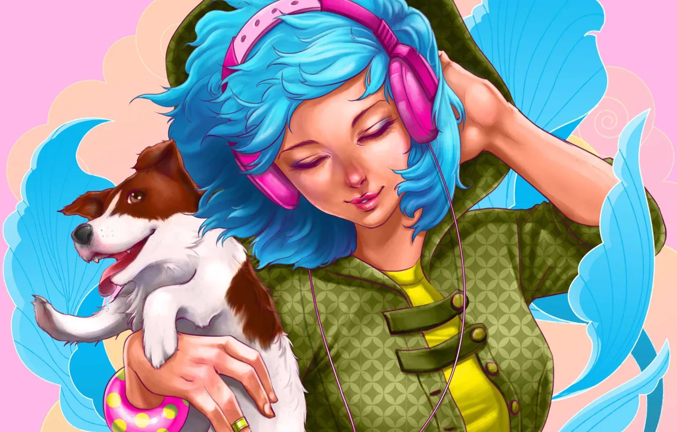 Photo wallpaper girl, music, animal, hair, dog, hands, headphones, bracelet