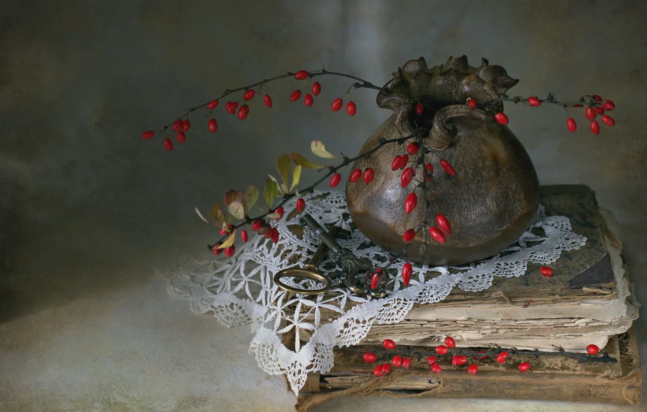 Photo wallpaper bouquet, key, book, still life, barberry