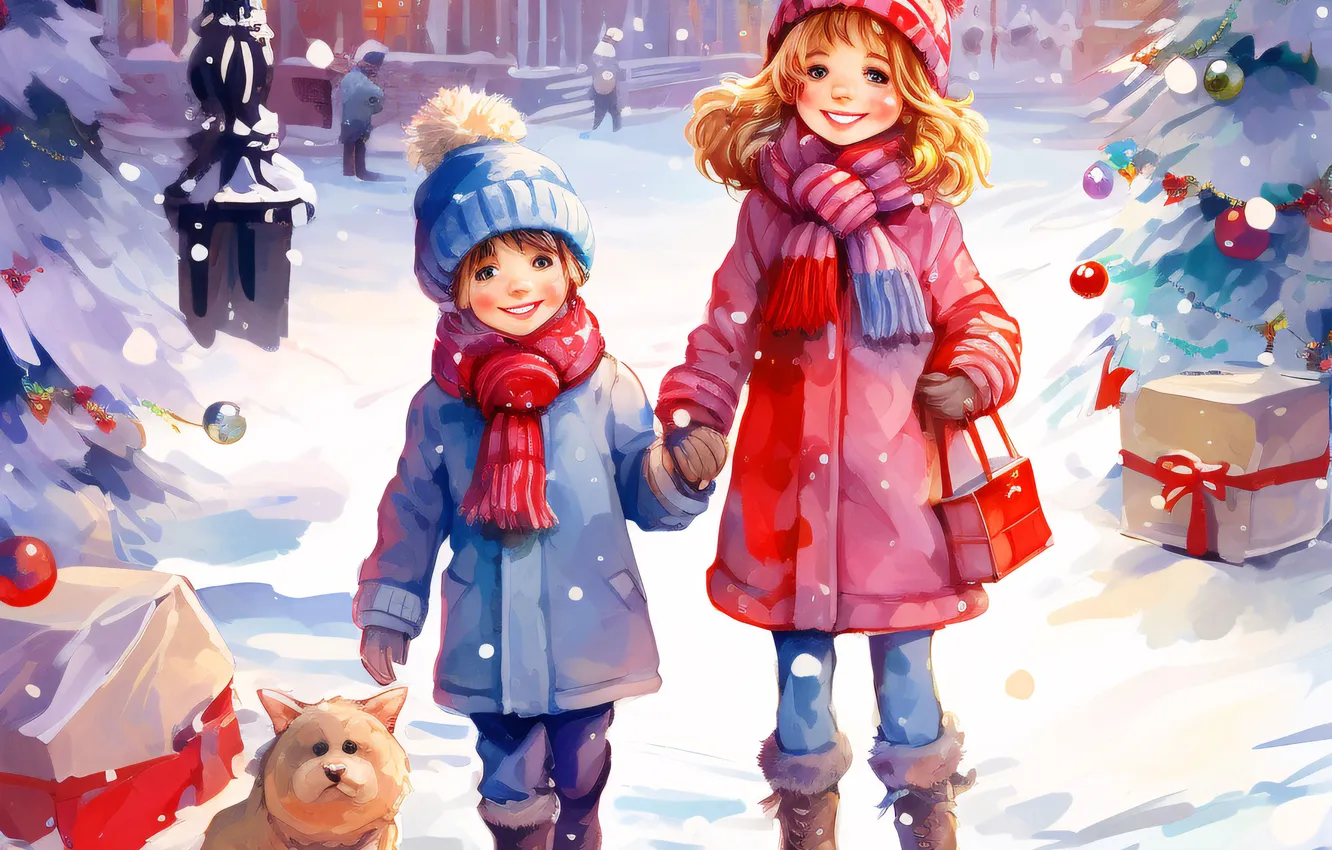 Photo wallpaper winter, snow, joy, smile, tree, new year, home, dog